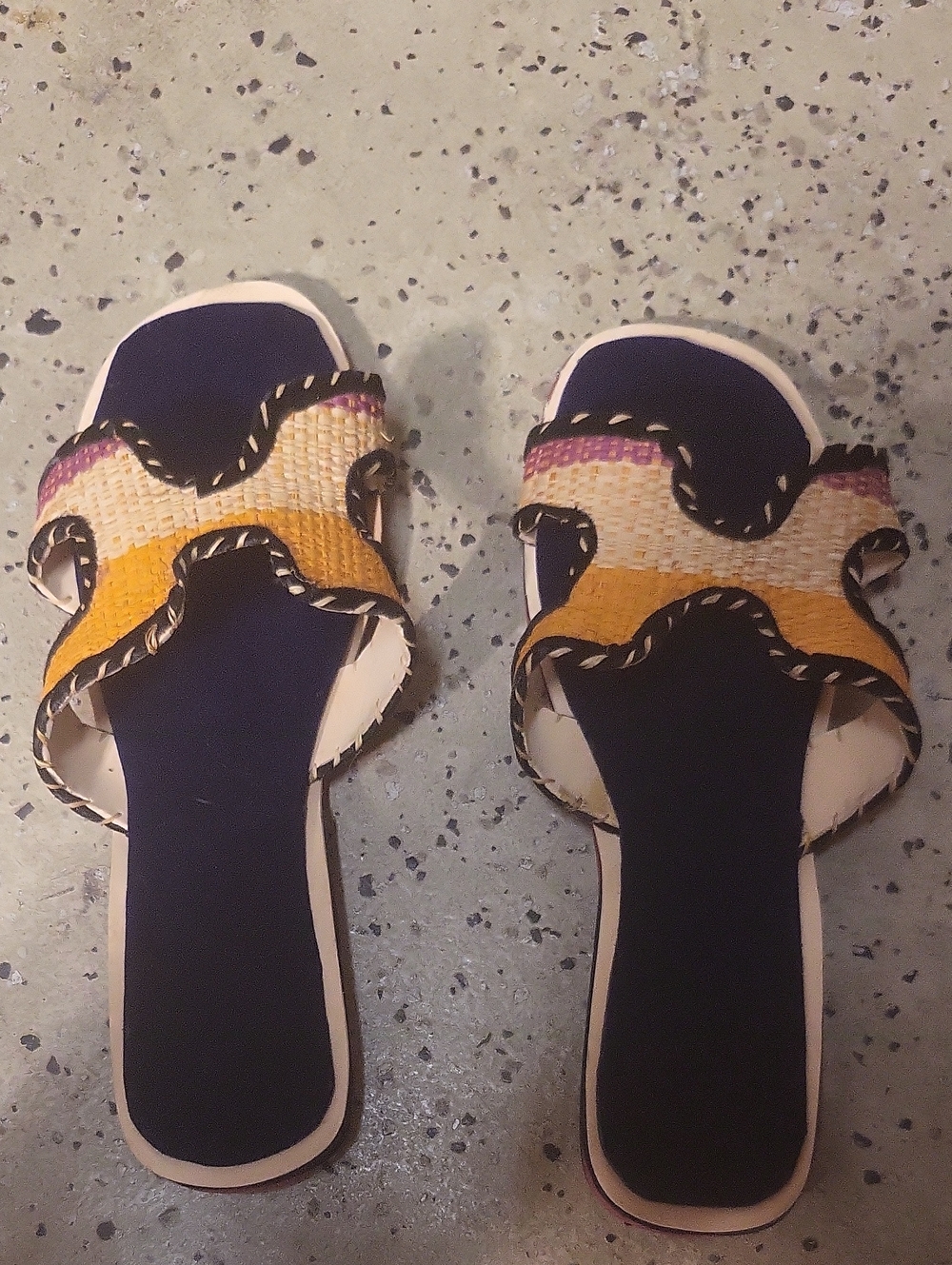 African Hand Woven Multi-Color Slide Sandals - Navy and Yellow Is Size 7